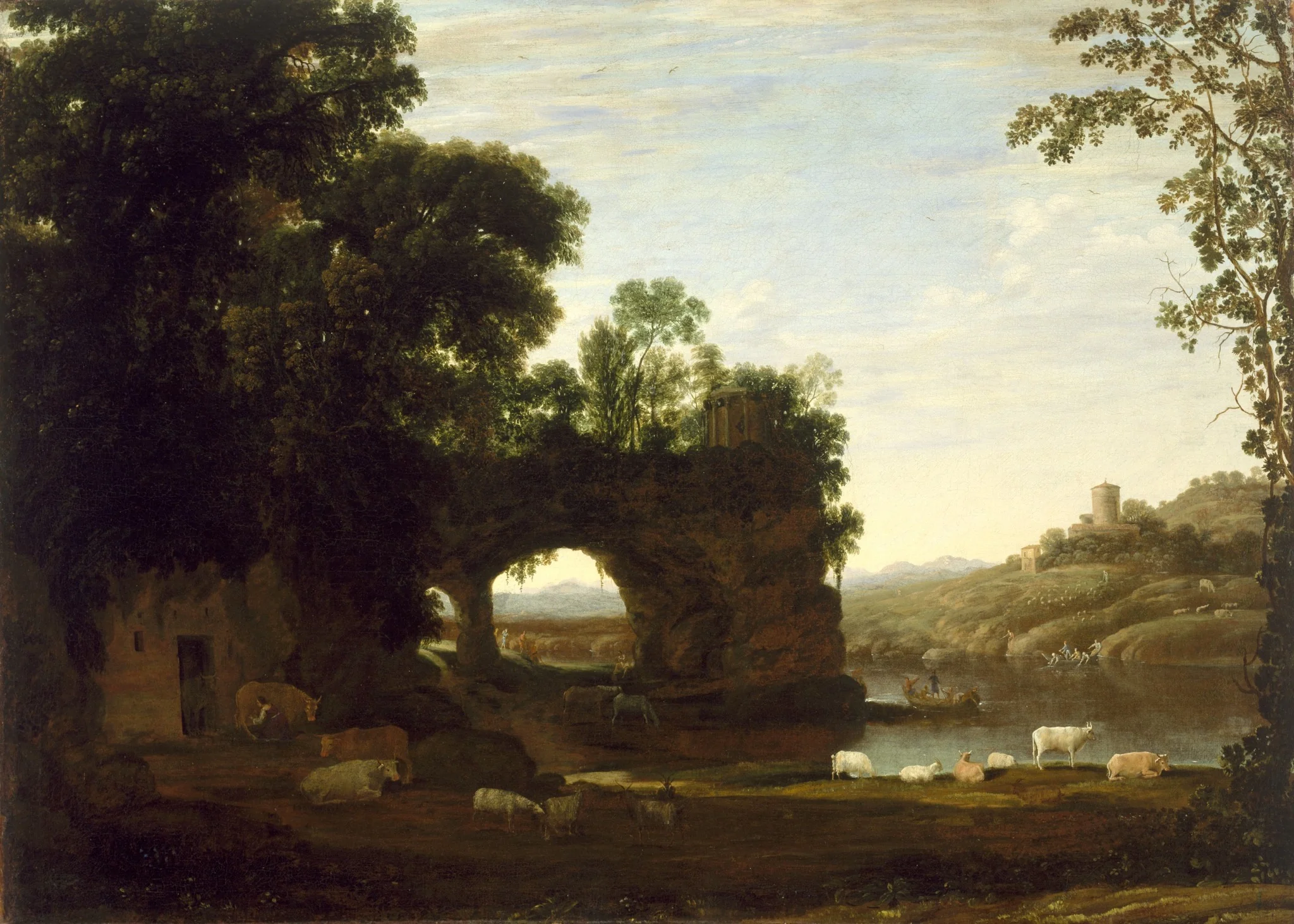 Landscape with a Rock Arch and River, by Claude Lorrain, oil, 1650