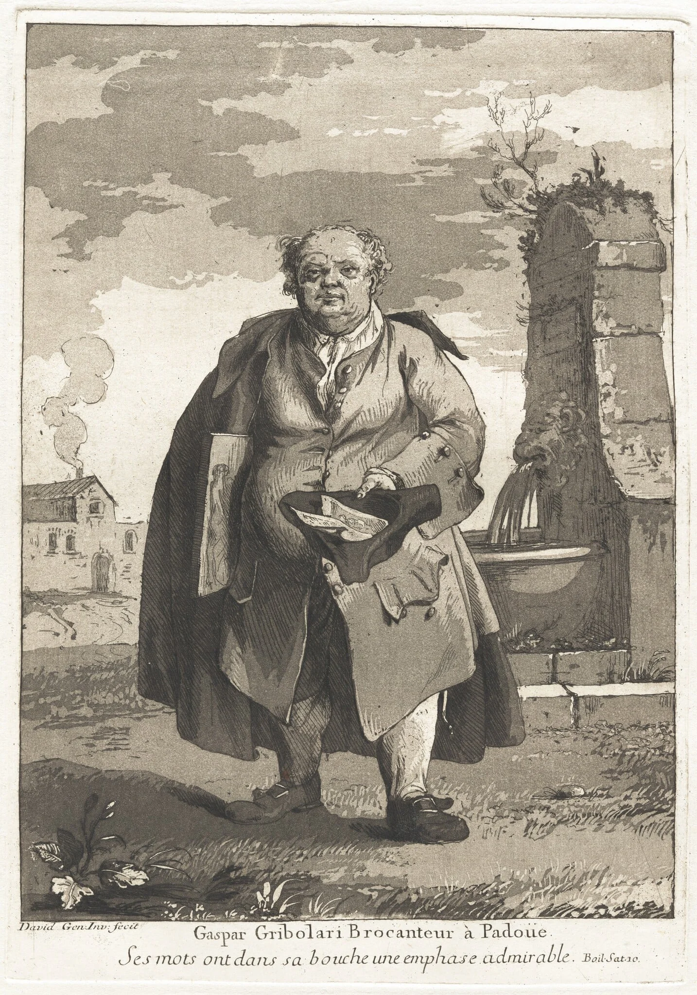 Gaspar Gribolari brocanteur à Padoue (Gaspar Gribolari, Secondhand Dealer in Padua), by Giovanni David, ink, 1775