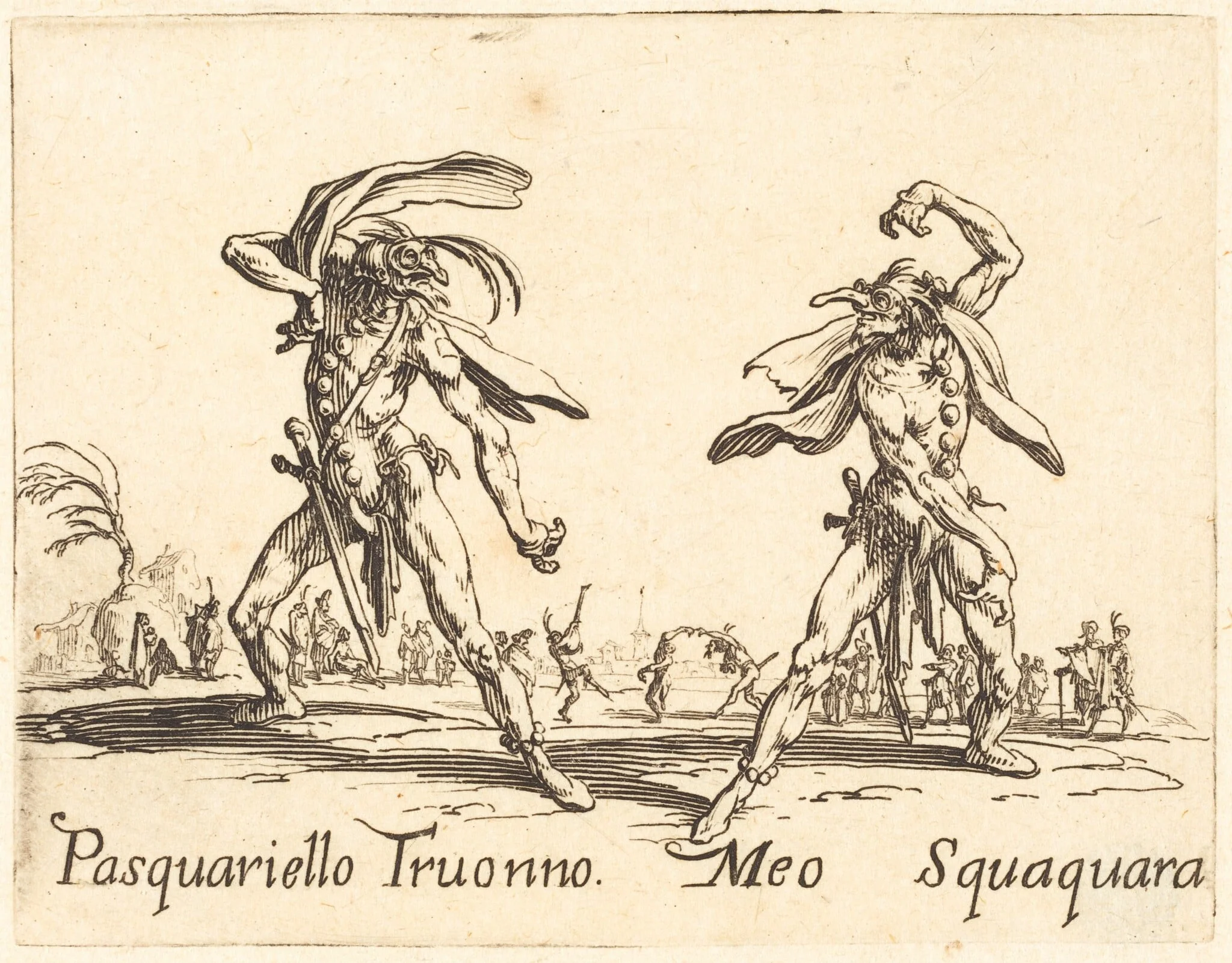 Pasquariello Truonno and Meo Squaquara, by Jacques Callot, ink, 1622