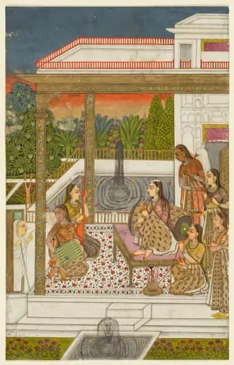 A princess with attendants on a terrace