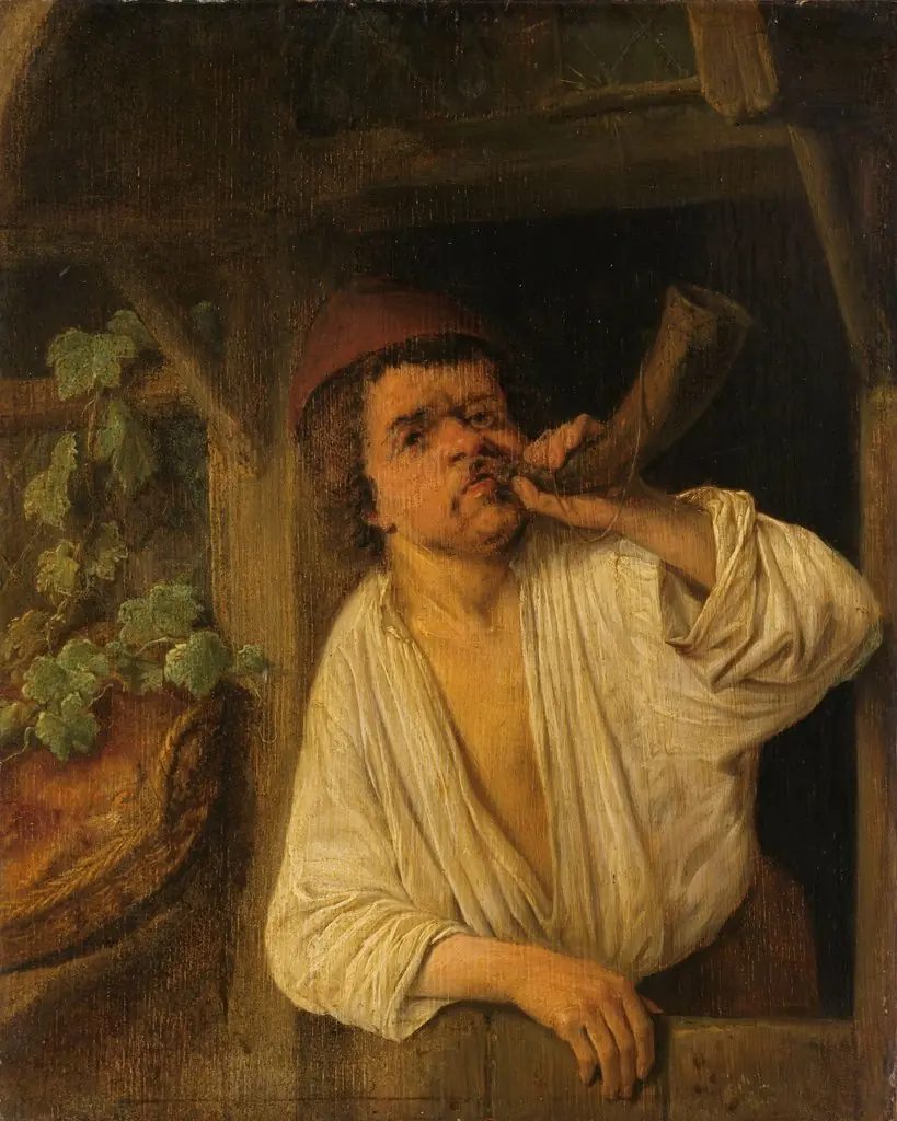 A baker blowing his horn