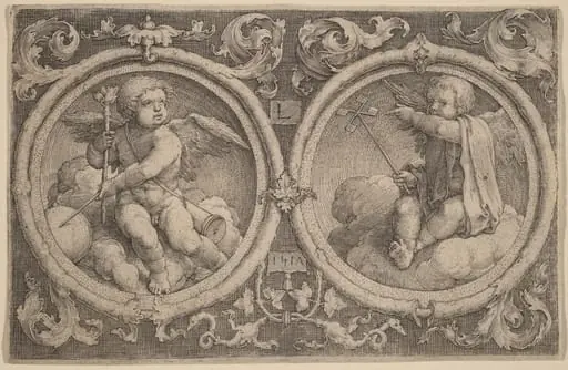 Two Cupids Seated on Clouds in Two Circles