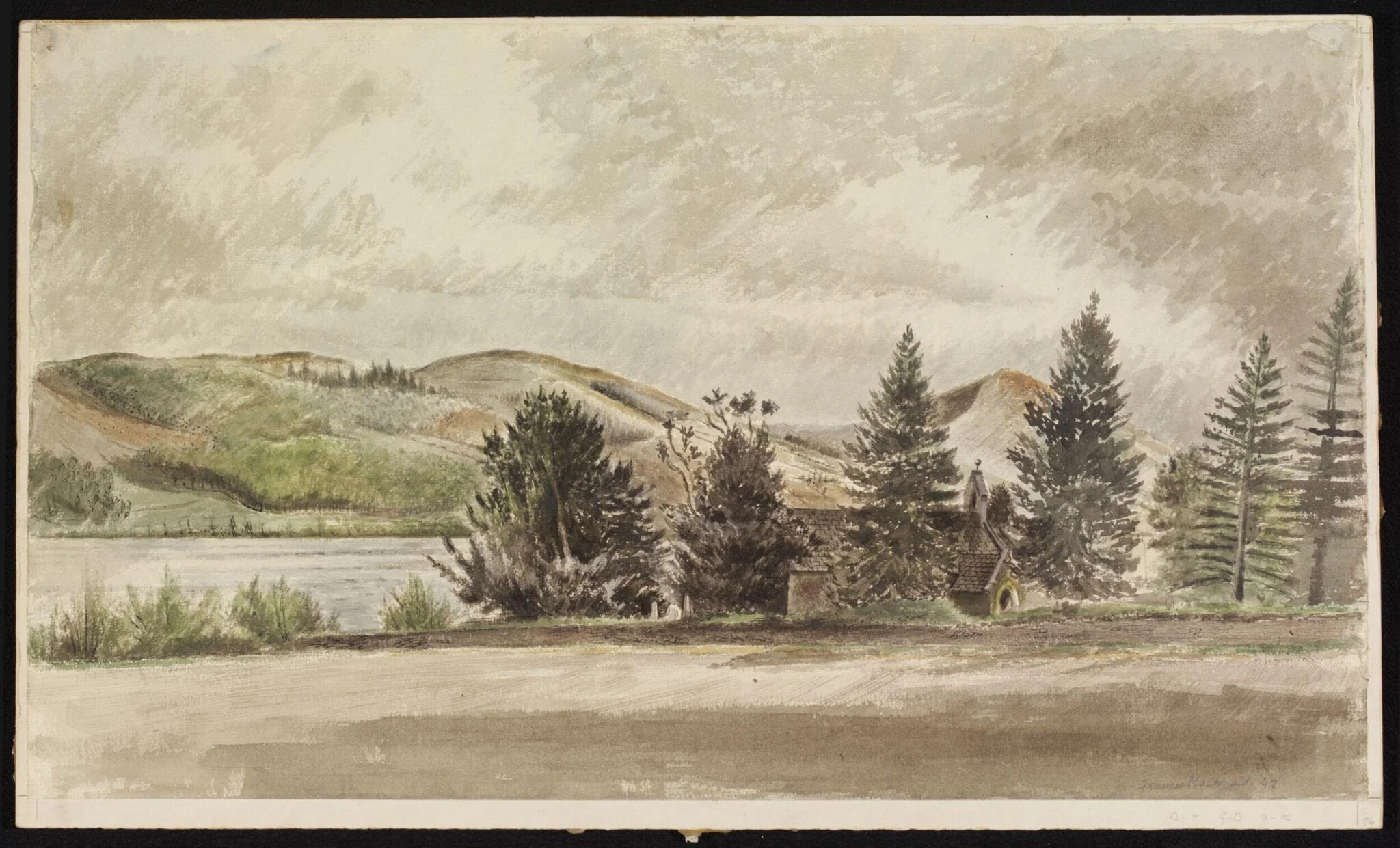 St. Beuno's Llan-y-cil, Llyn Tegid and the Aran Peak, Merionethshire, by Frances Macdonald, watercolor, 1942