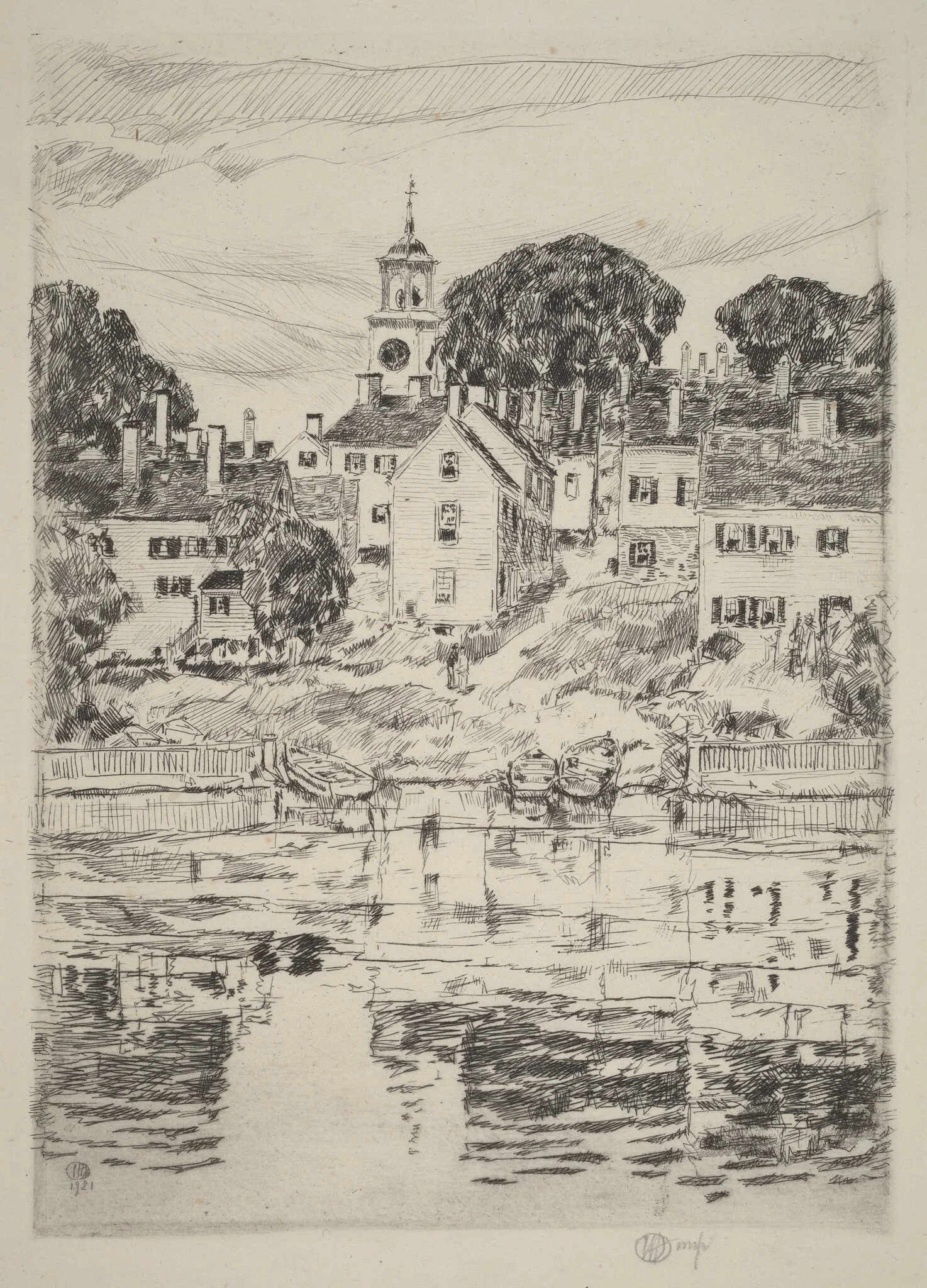 The Church Tower, Portsmouth, by Childe Hassam, ink, 1921