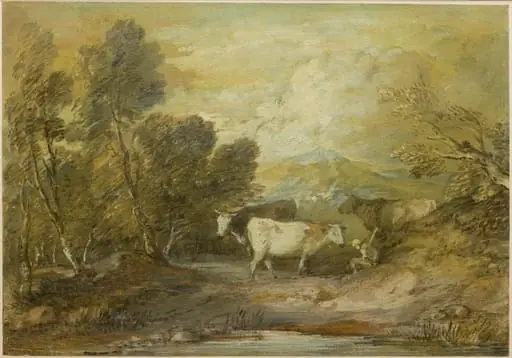 A Herdsman with Three Cows by an Upland Pool