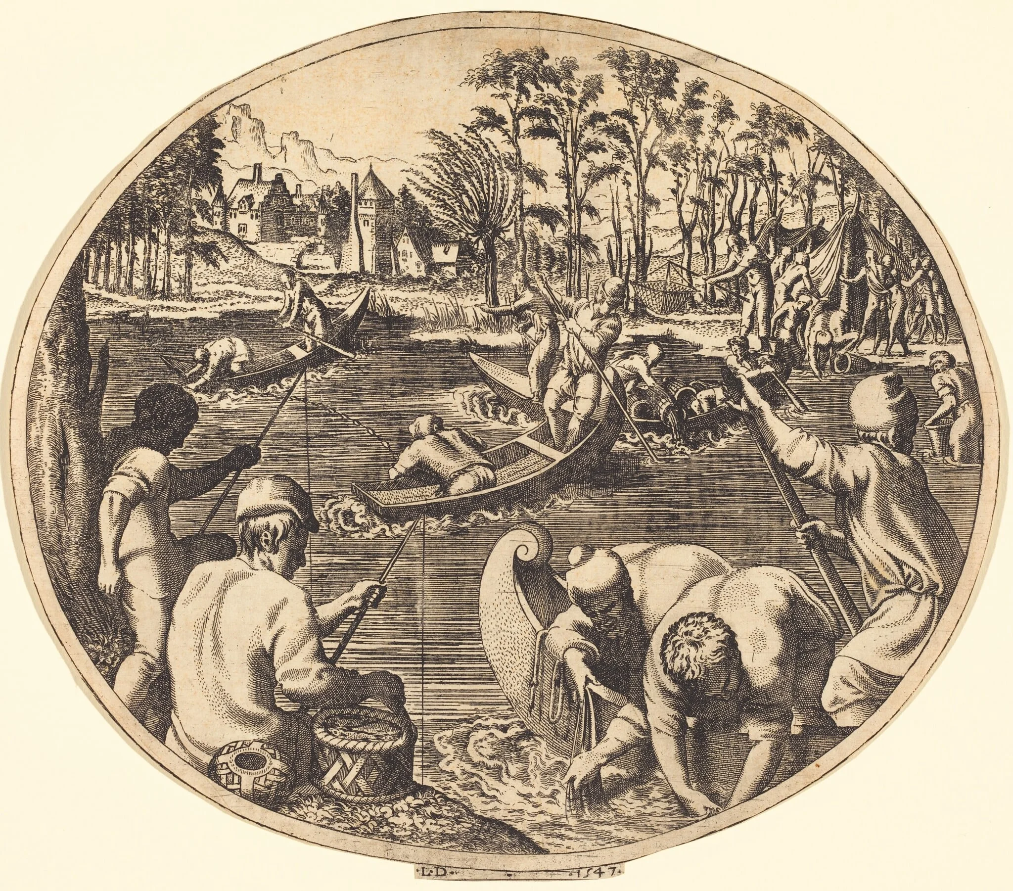 Fishing Scene, by Léon Davent, ink, 1547