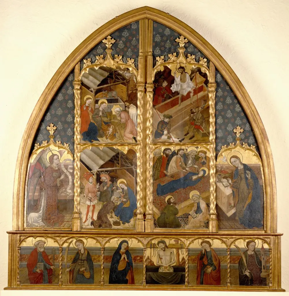Nativity, Annunciatory Angel, Adoration of the Magi, Resurrection, Death of the Virgin, The Annunciate, Saints Peter and Lucy, Virgin Mary, Resurrected Christ, Saints John and Barbara