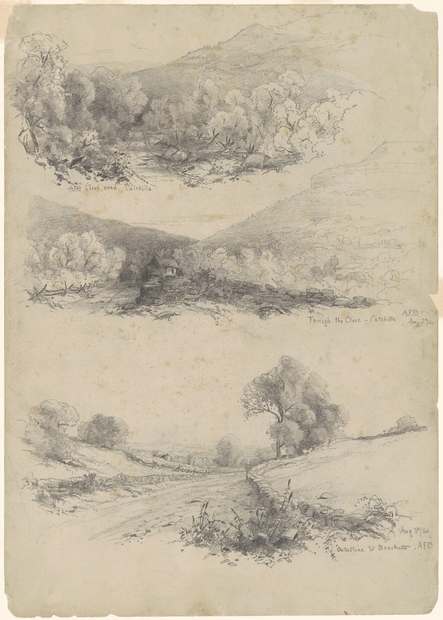 Clove Road, Catskills; Through the Clove—Catskills; and On the Road to Bracketts [recto], by Andrew Fisher Bunner, graphite, 1866
