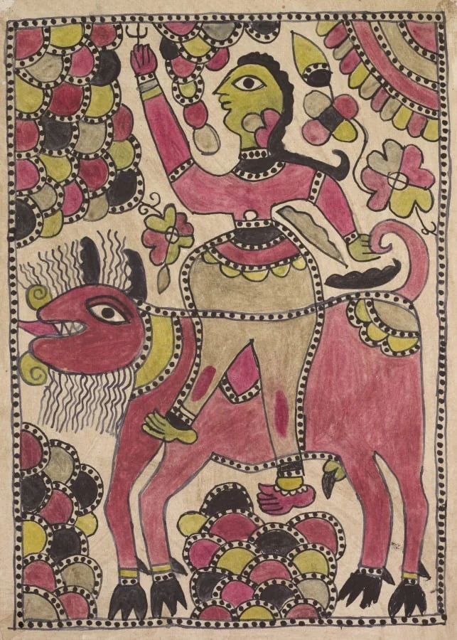 Rider and four-legged bovine creature in mauve, chartreuse and black palette, by Unknown, unspecified, 1904
