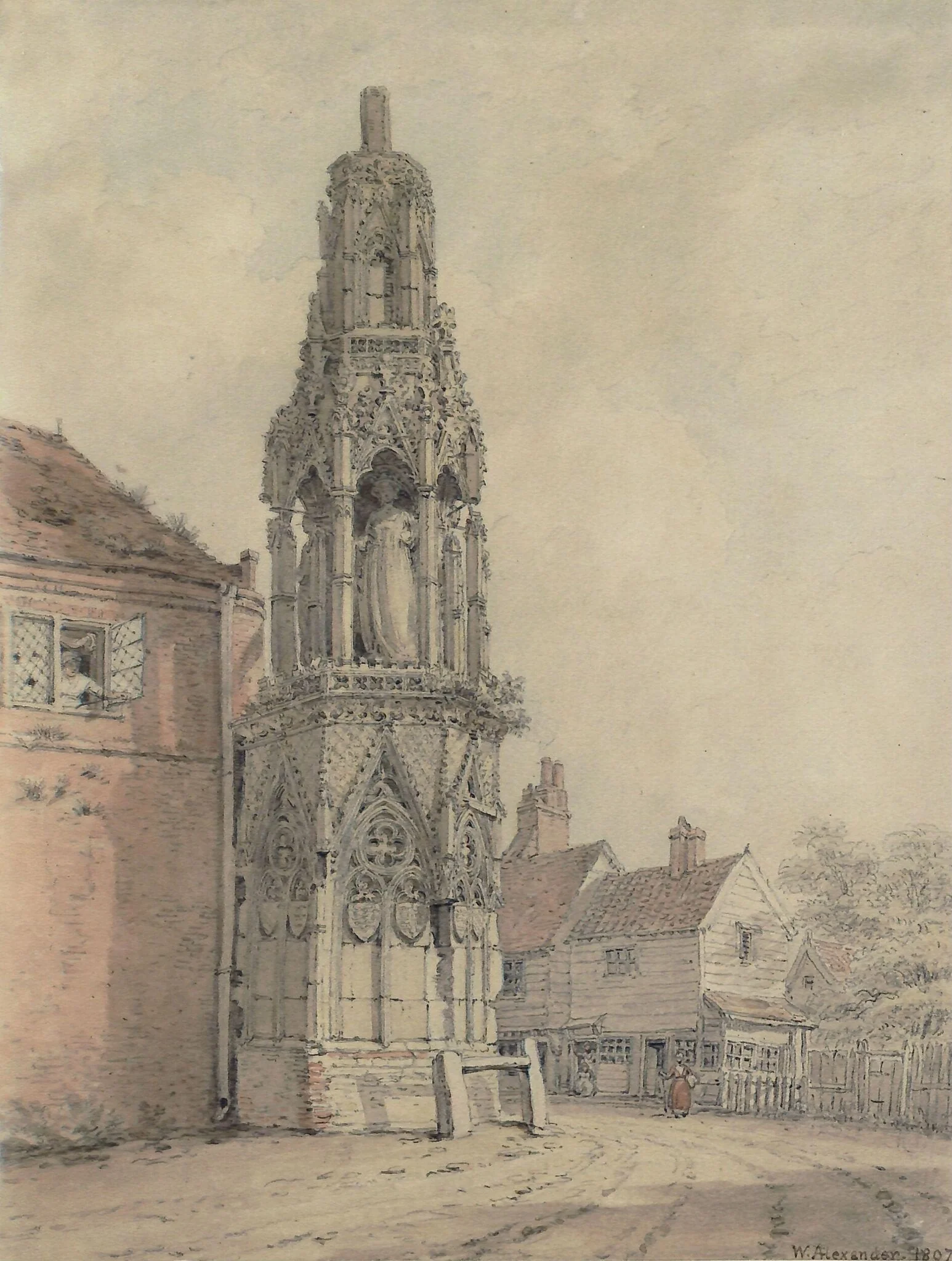Waltham Cross, by William Alexander, watercolor, 1807