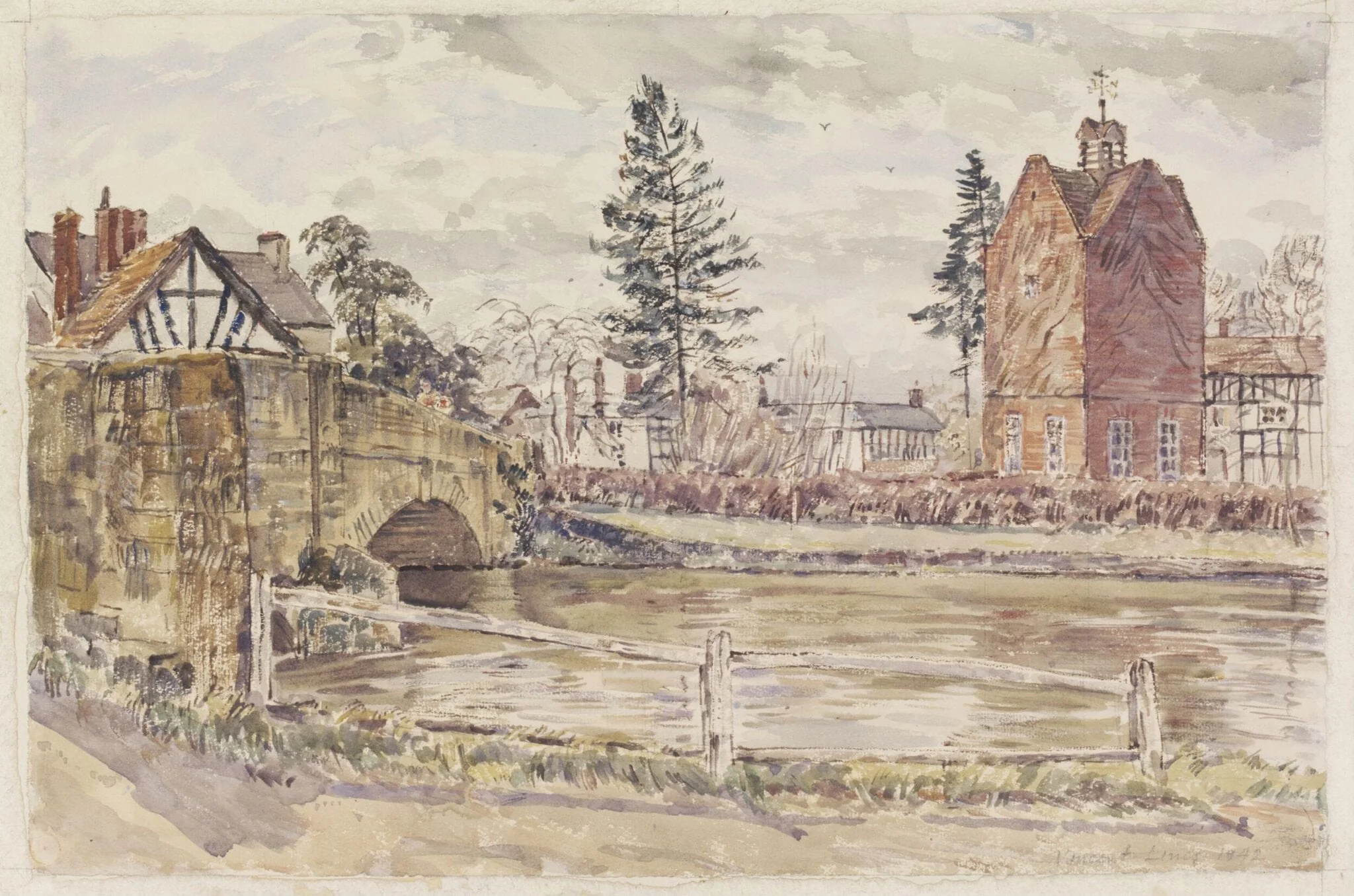 Bridge and Pigeon House, Eardisland, by Lines, watercolor, 1942