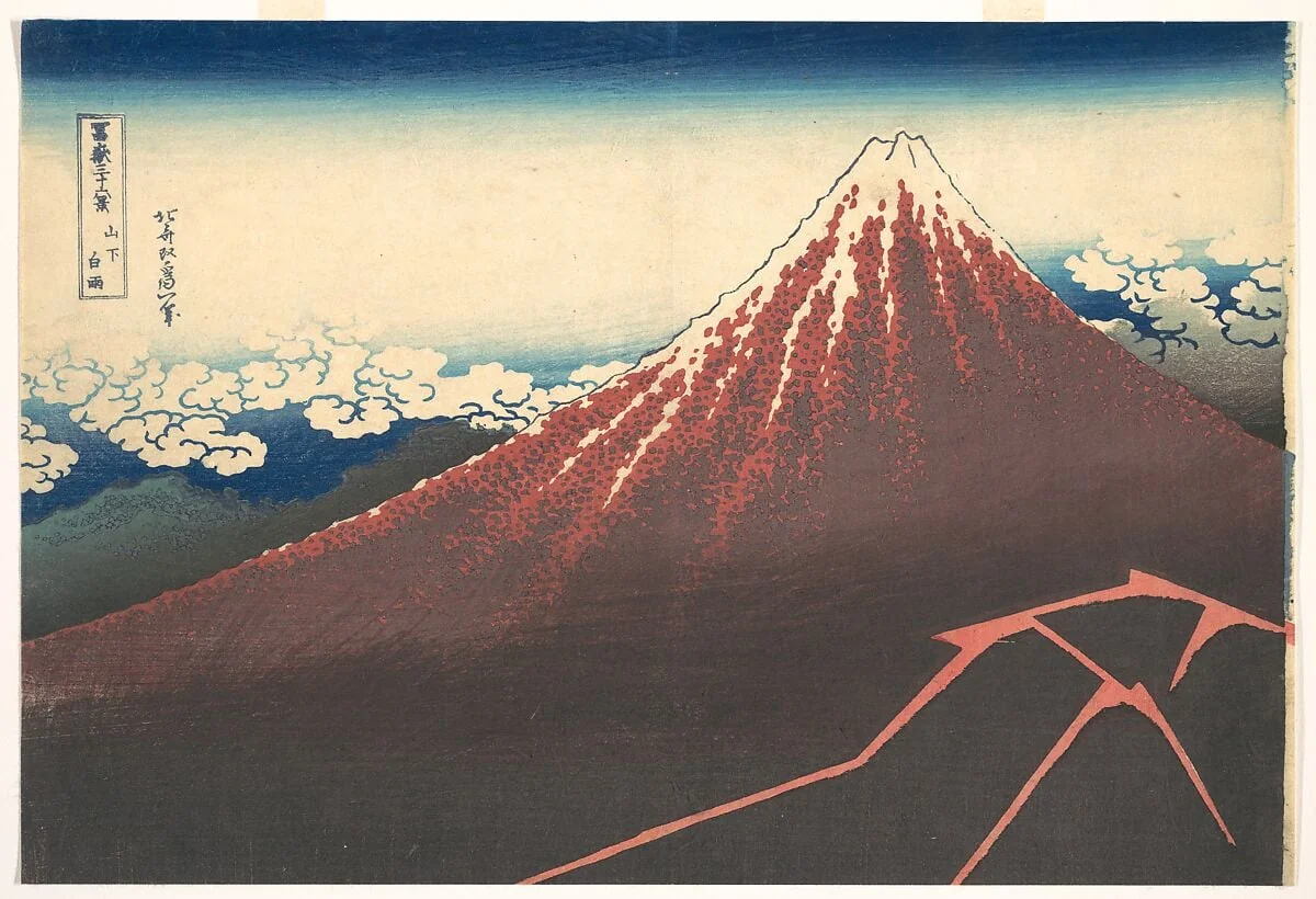冨嶽三十六景　山下白雨|Storm below Mount Fuji (Sanka no haku u), from the series Thirty-six Views of Mount Fuji (Fugaku sanjūrokkei), by Katsushika Hokusai, ink, 1831
