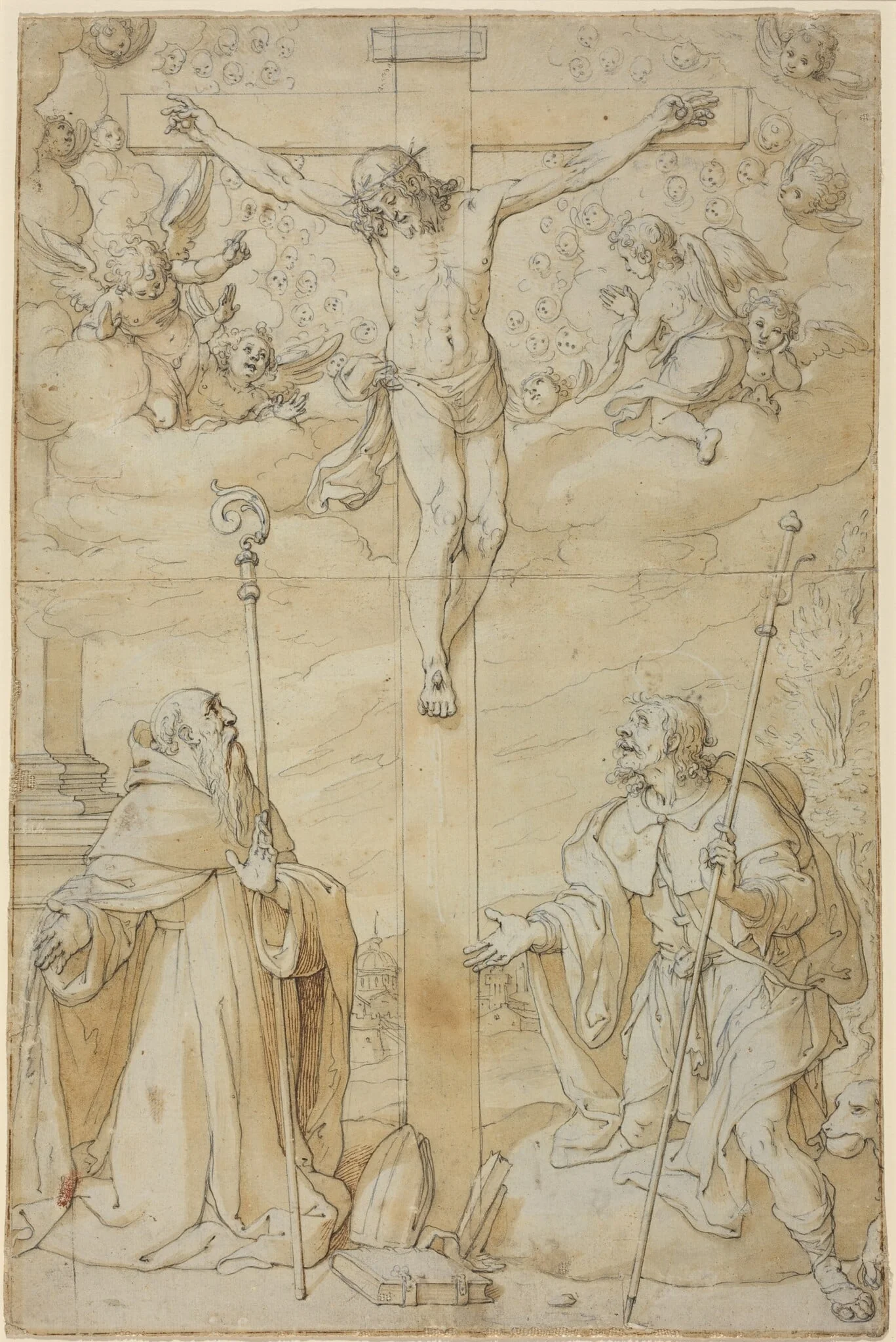 The Crucifixion with Saints Roch and Augustine, by Filippo Bellini, ink, 1577