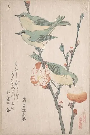 『鳥合』　桃花に目白|Japanese White-eyes on a Branch of Peach Tree,” from the Series An Array of Birds (Tori awase), from Spring Rain Surimono Album (Harusame surimono-jō, vol. 3)