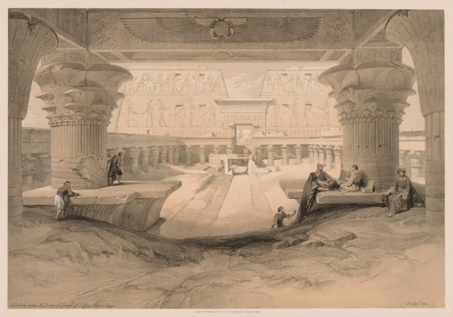 Egypt and Nubia:  Volume I - No. 32, View from under the Portico of the Temple of Edfou, Upper Egypt, by Louis Haghe, 1838