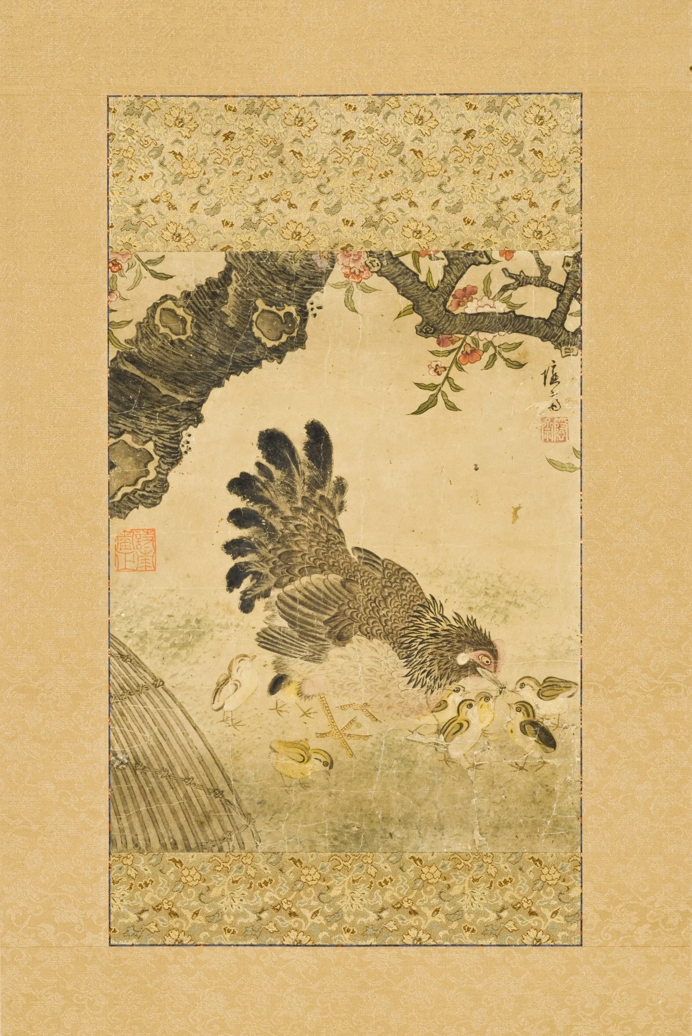 Cat under Chrysanthemums Hen and Chicks under Flower, by Unknown, unspecified, 1750