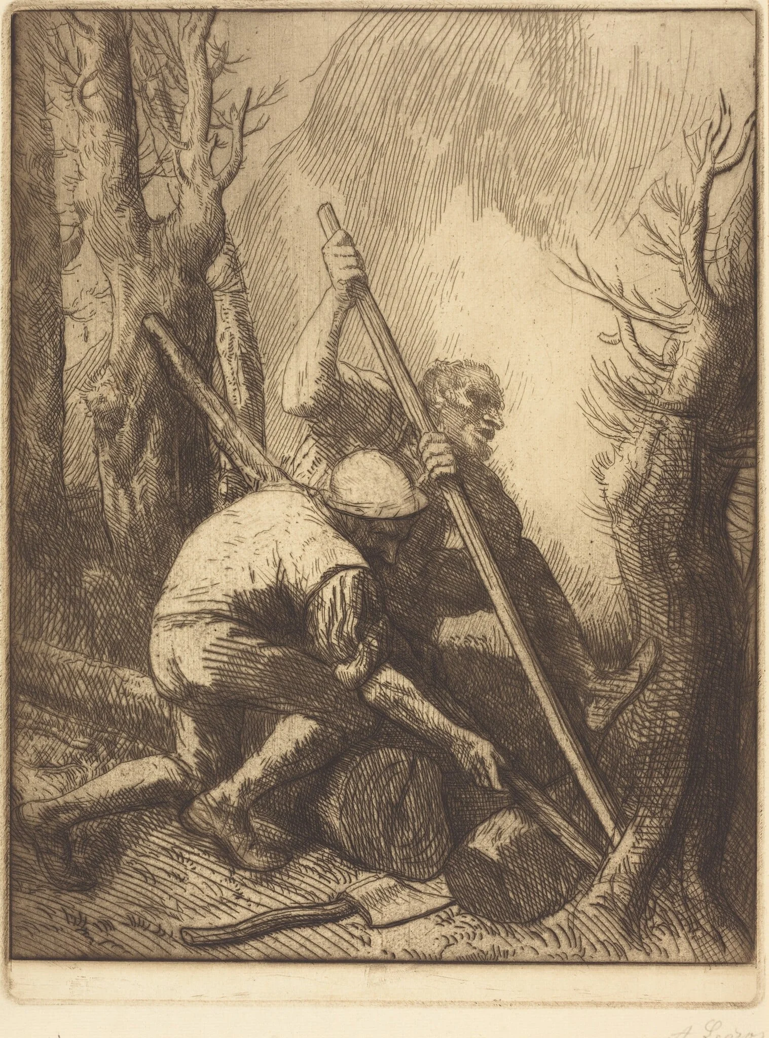 Woodcutters, 3rd plate (Les bucherons), by Alphonse Legros, ink, 1874