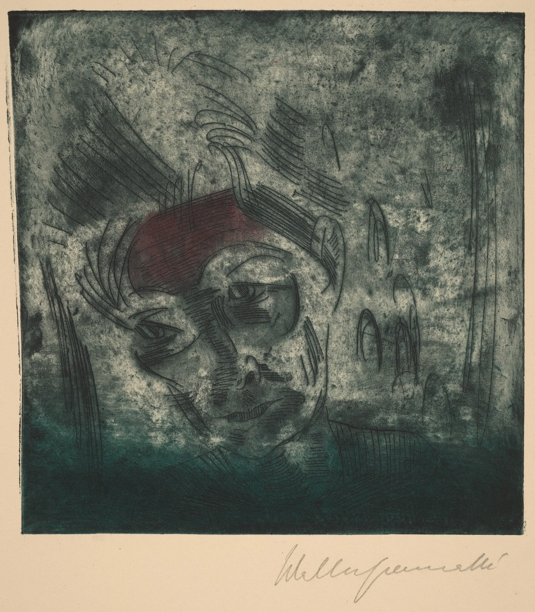 Bust of a Weary Man, Self-portrait (Ermüdender Kopf, Selbstporträt), by Walter Gramatté, ink, 1922