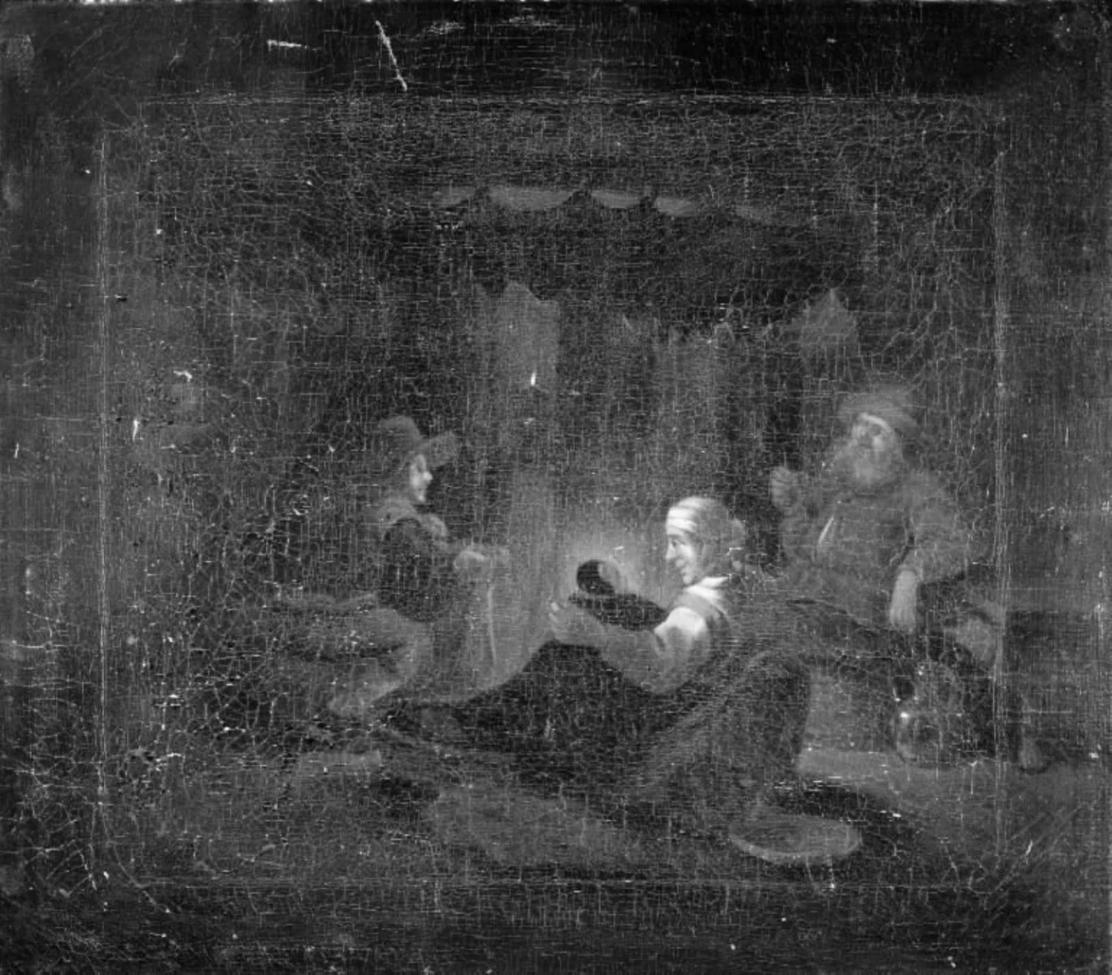 I en bondestue, hvor der brænder en lampe, sidder familien om kaminilden, by Unknown, 1750