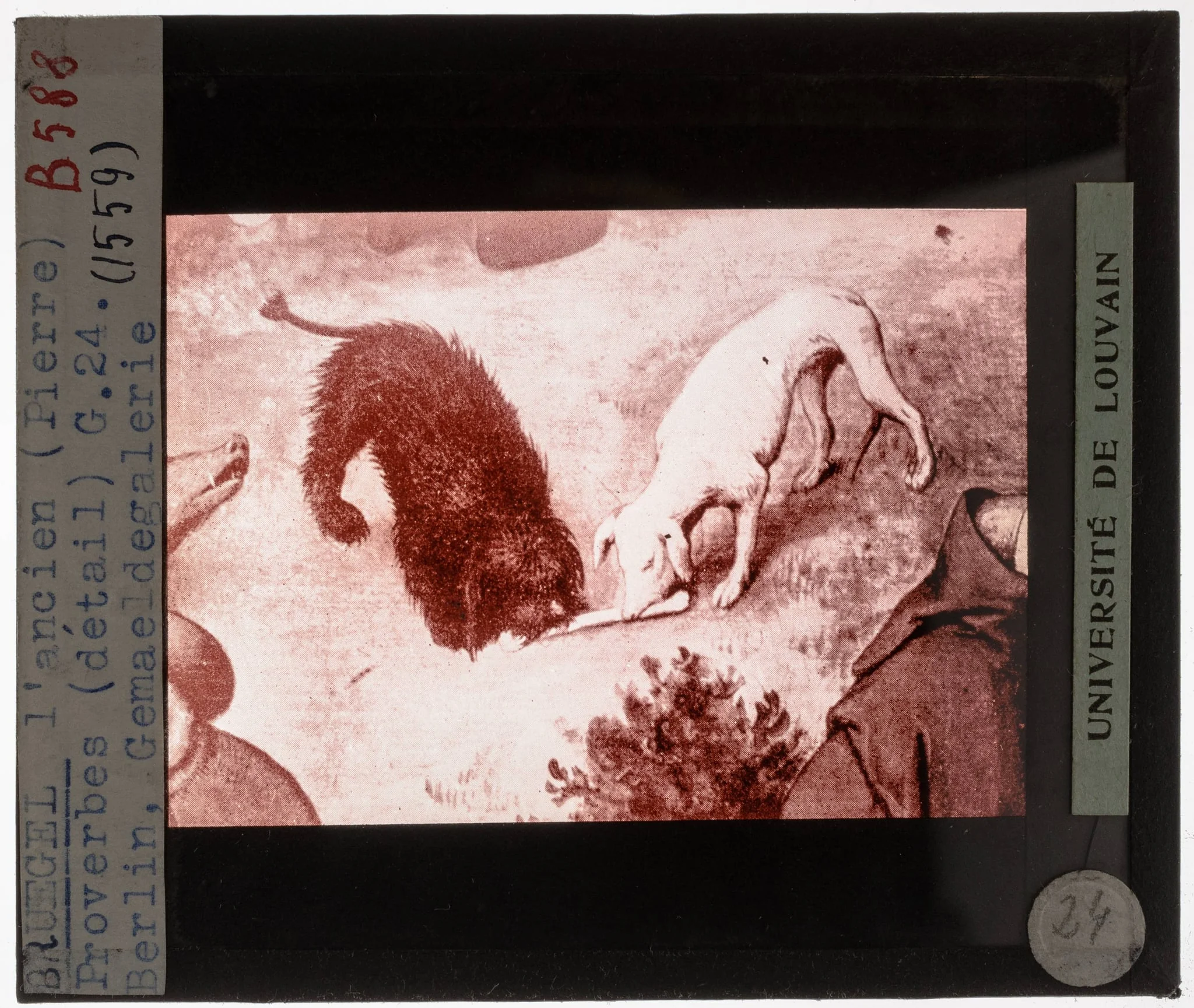 Pieter Brueghel de Oude. Nederlandse spreekwoorden Detail: Twee honden aan een been, komen zelden overeen, by Pieter Brueghel the Elder, unspecified, 1559