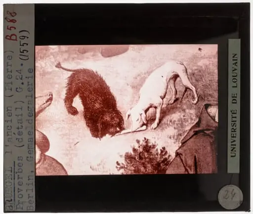 Pieter Brueghel de Oude. Nederlandse spreekwoorden Detail: Twee honden aan een been, komen zelden overeen