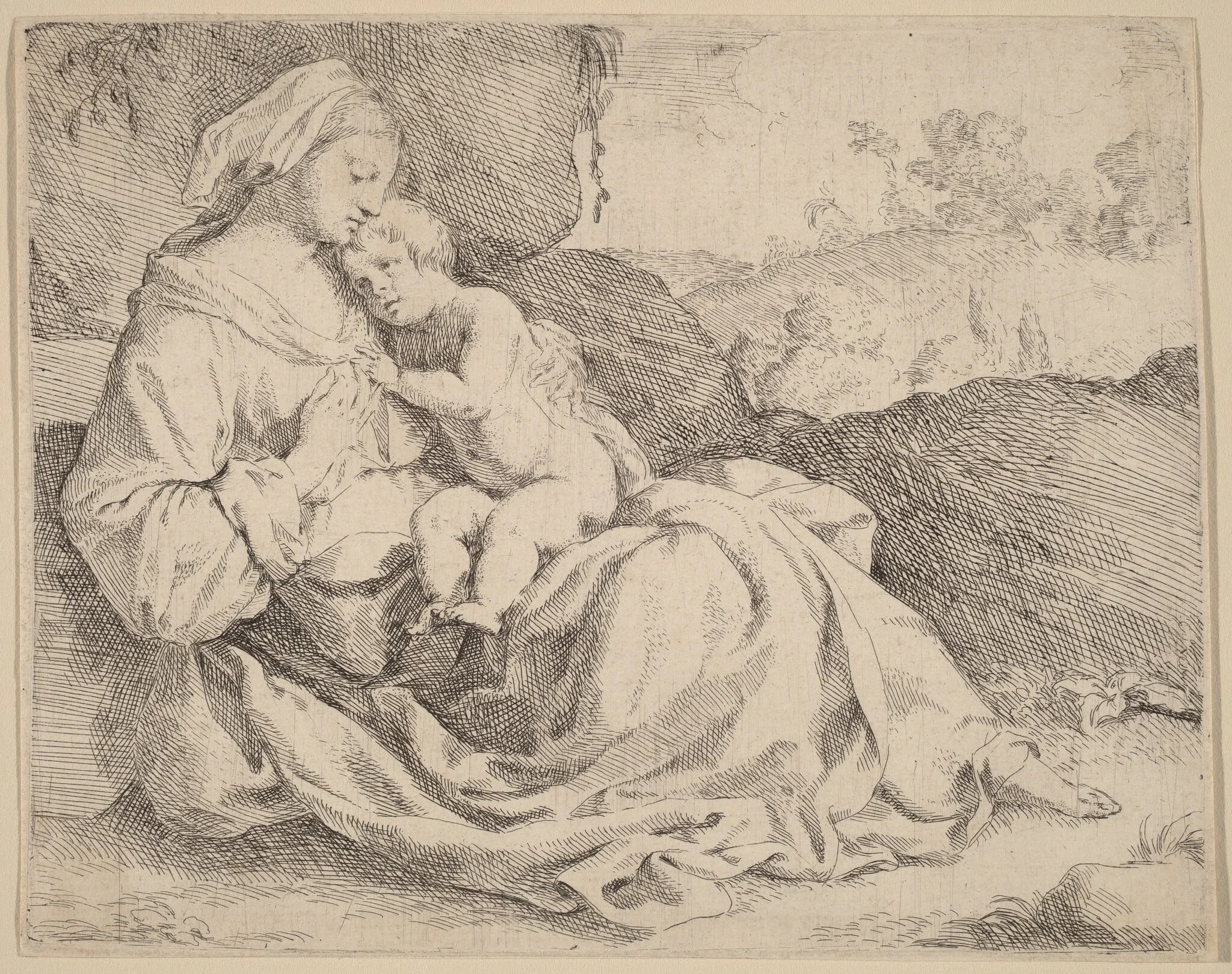 The Virgin and Child on a Grassy Bank, by Jan Miel, ink, 1631
