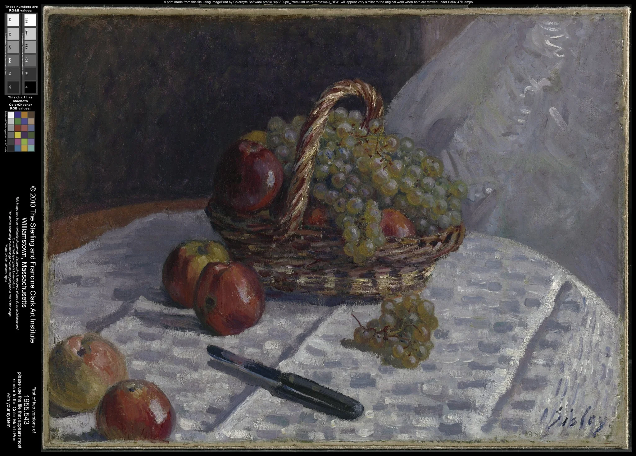 Apples and Grapes in a Basket, by Alfred Sisley, oil, 1888