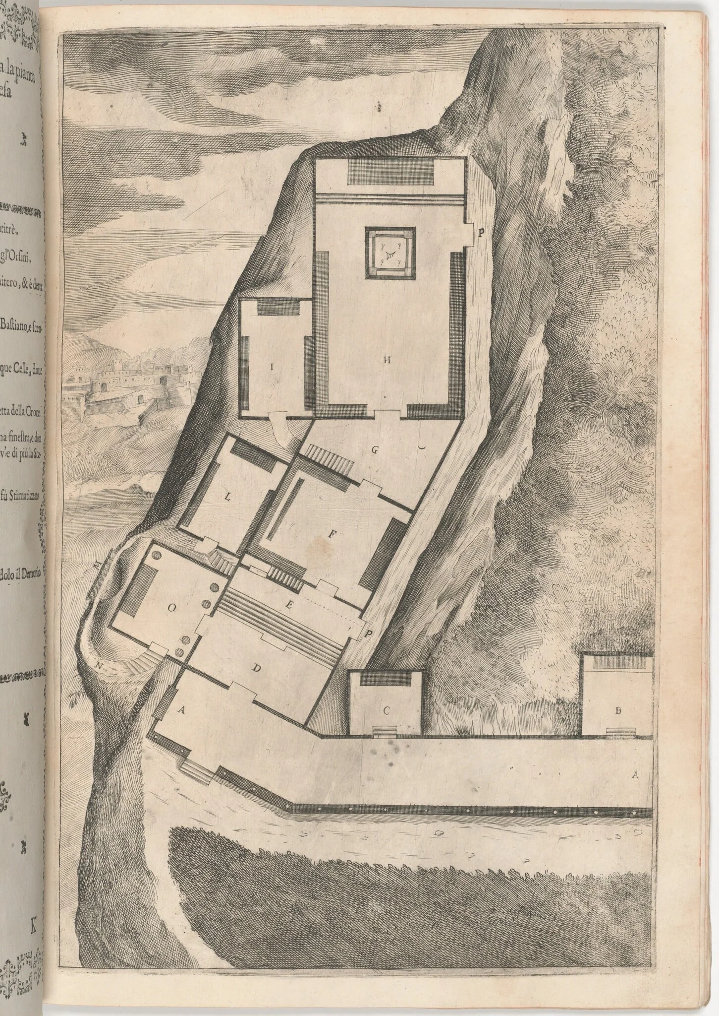 Plan of the Rooms and Church of the Sacred Monastery (Pianta di parte della loggia e del sacro eremo) [plate K], by Jacopo Ligozzi, ink, 1612