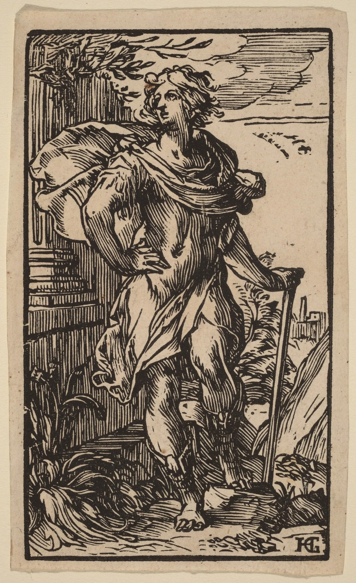 Standing Young Man with a Cane, by Hendrik Goltzius, ink, 1588