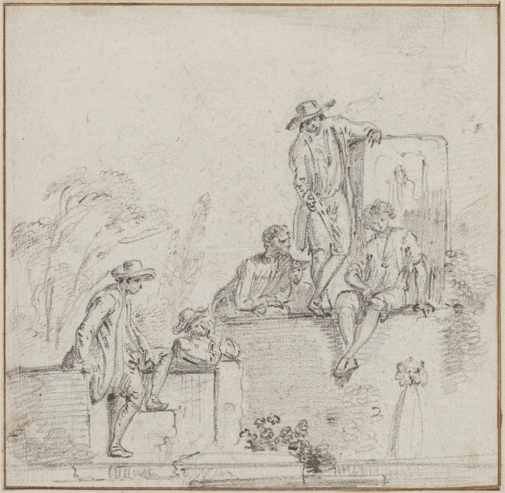 Figures Seated Around a Fountain, by Jean-Baptiste Lallemand, chalk, 1755