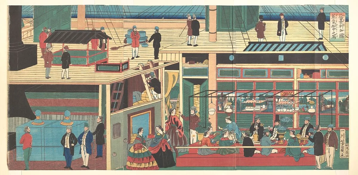 Amerika koku jōkisen naka no zu|Interior of an American Steamship, by Utagawa Yoshikazu, ink, 4
