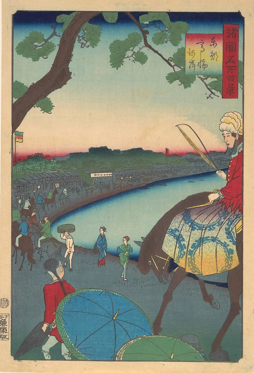 Tōtō Takanawa Kaigen|Foreigners Riding Along the Coast at Takanawa in the Eastern Capital, by Utagawa Hiroshige II, ink, 9