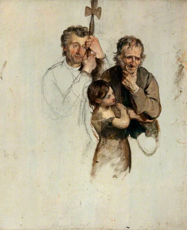 Two Men and a Girl Standing (study for 'The Covenanters' Baptism'), by George Harvey, unspecified, 1830
