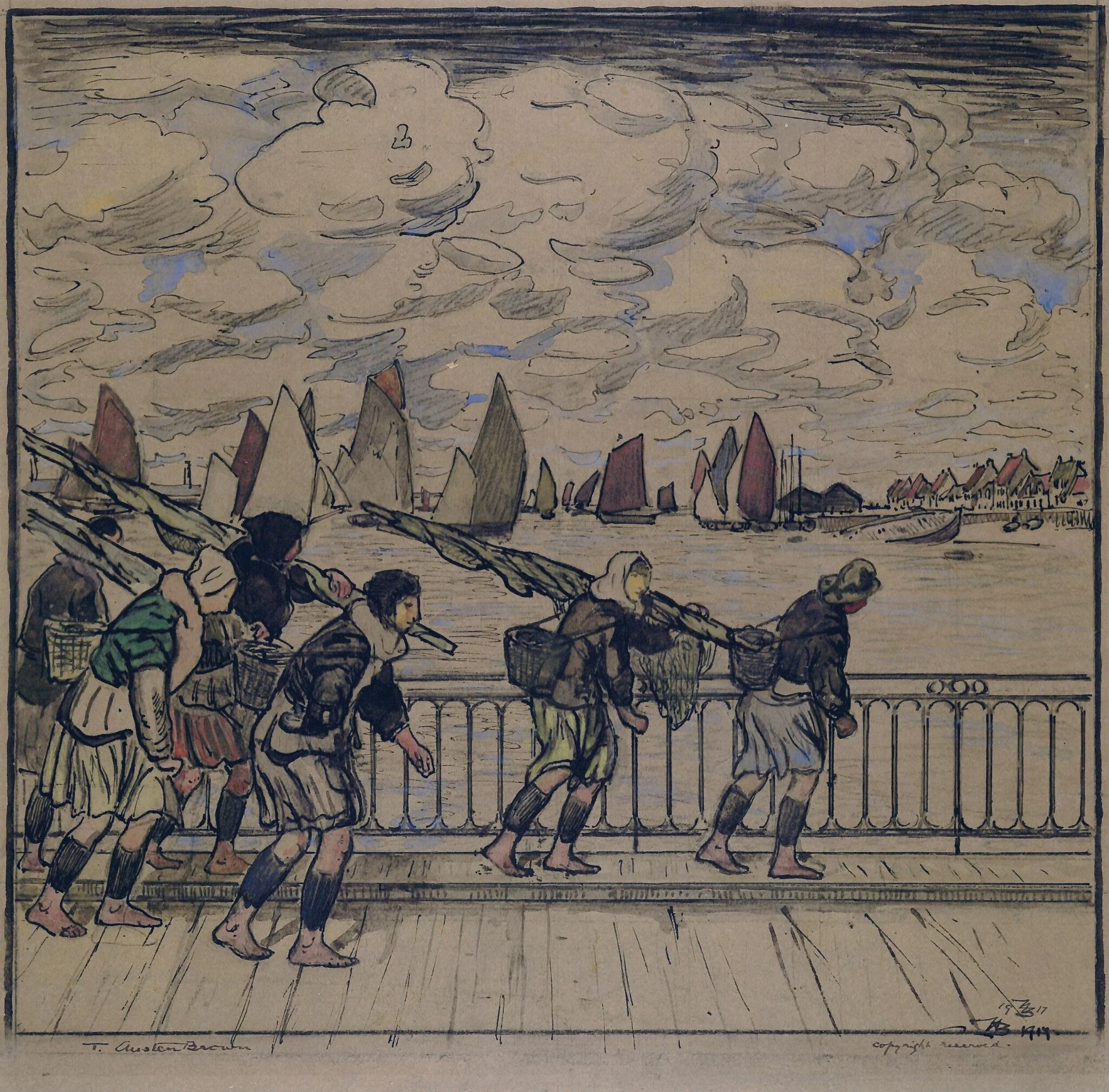 Shrimpers Returning, Etaples, by Thomas RI Austen-Brown, watercolor, 1917