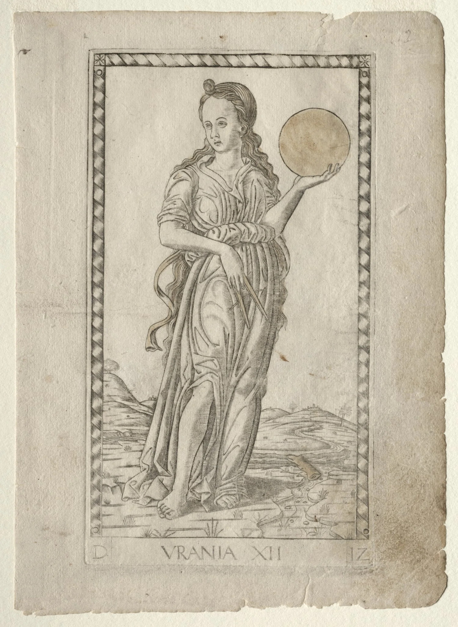 Urania (astronomy) (from the Tarocchi series D:  Apollo and the Muses, #12), by Master of the E-Series Tarocchi, 1467