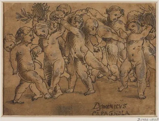 Twelve naked children dancing