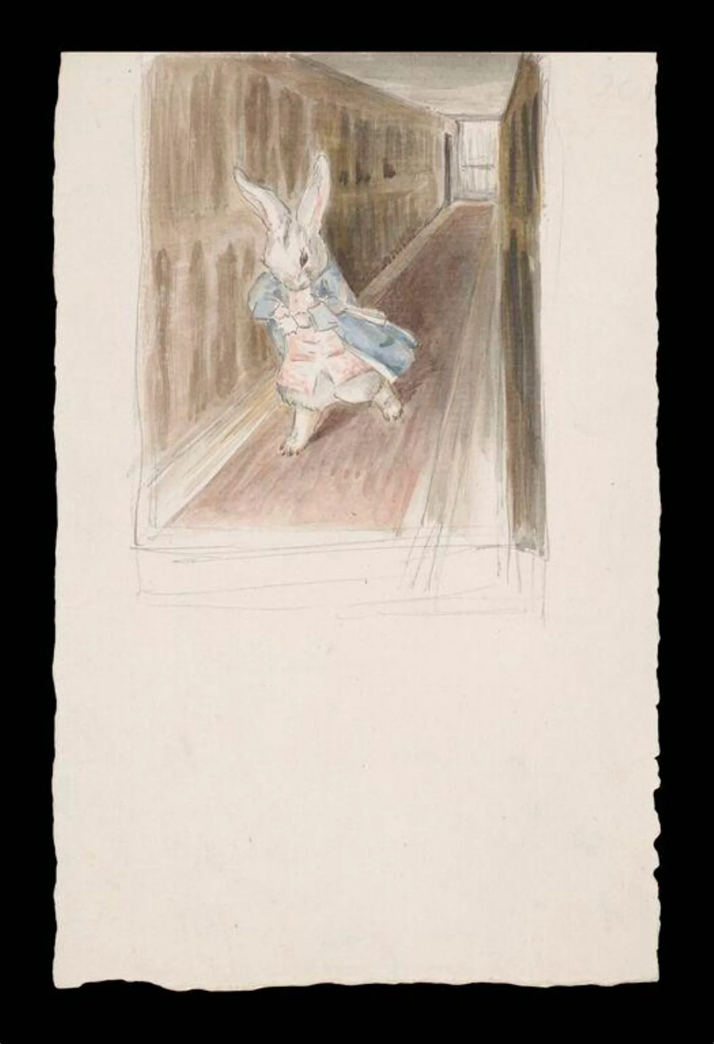 The White Rabbit running along a long panelled corridor, by Beatrix Potter, watercolor, 1895