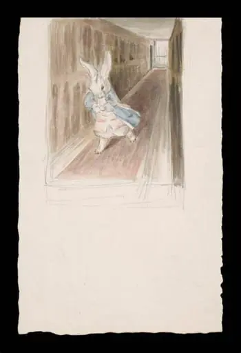 The White Rabbit running along a long panelled corridor
