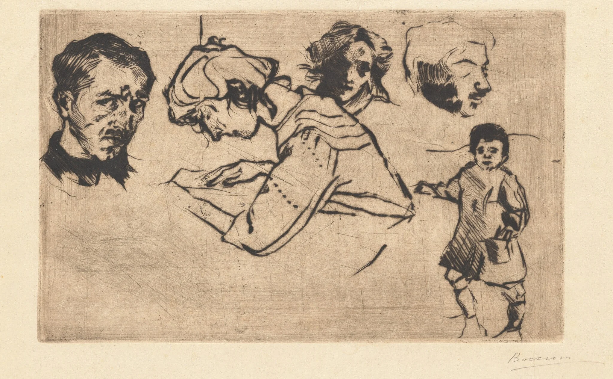 Self-Portrait with Four Other Studies, by Umberto Boccioni, ink, 1908