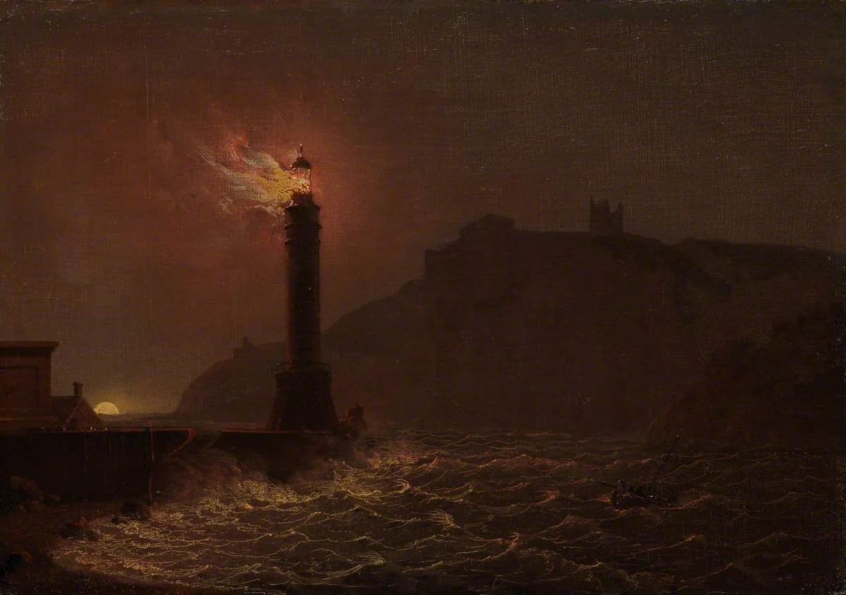 A lighthouse on fire at night, by Joseph Wright of Derby, oil, 1796