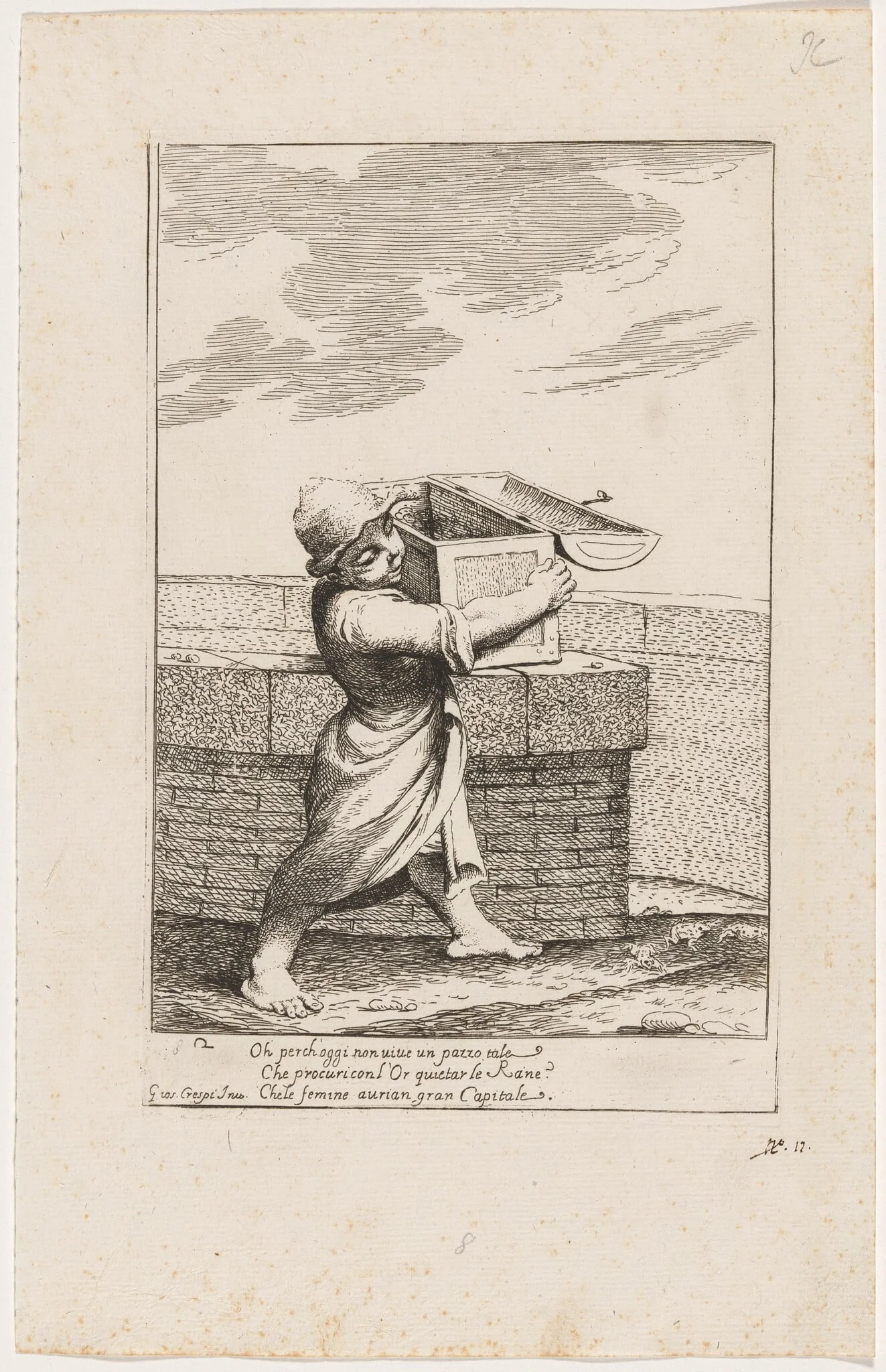 Bertoldino Enraged by the Croaking Frogs, by Giuseppe Maria Crespi, ink, 1712
