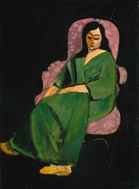 Laurette in a Green Robe, Black Background