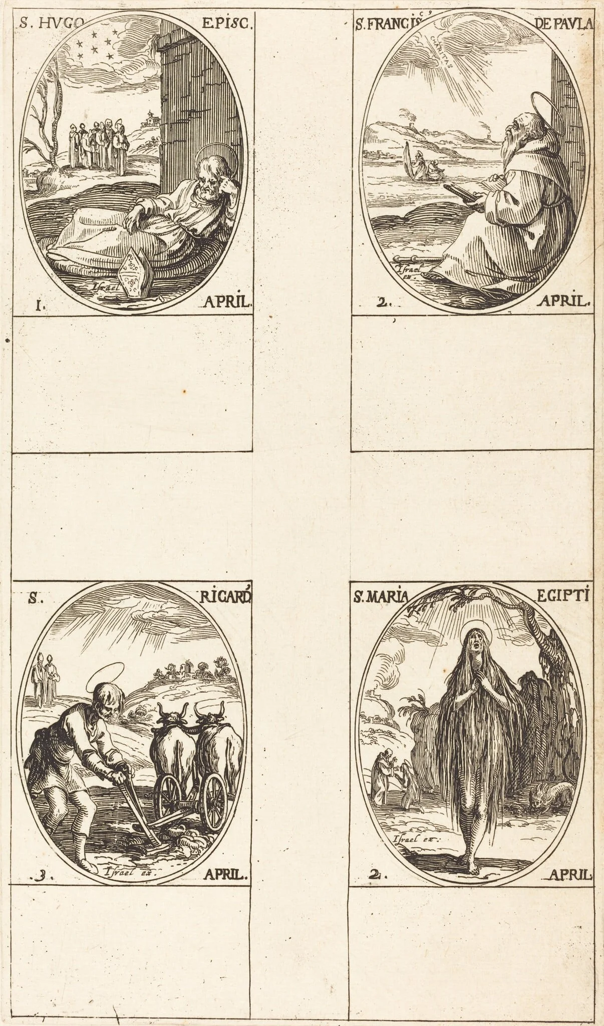 St. Hugo; St. Francis of Paula; St. Mary of Egypt; St. Richard, by Jacques Callot, ink, 1634