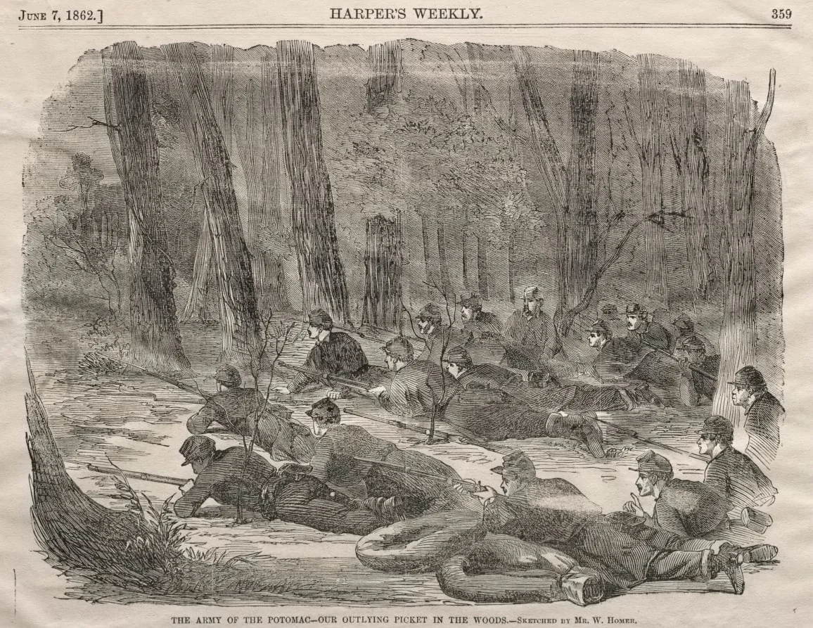 The Army of the Potomac - Our Outlying Picket in the Woods, by Winslow Homer, 1862