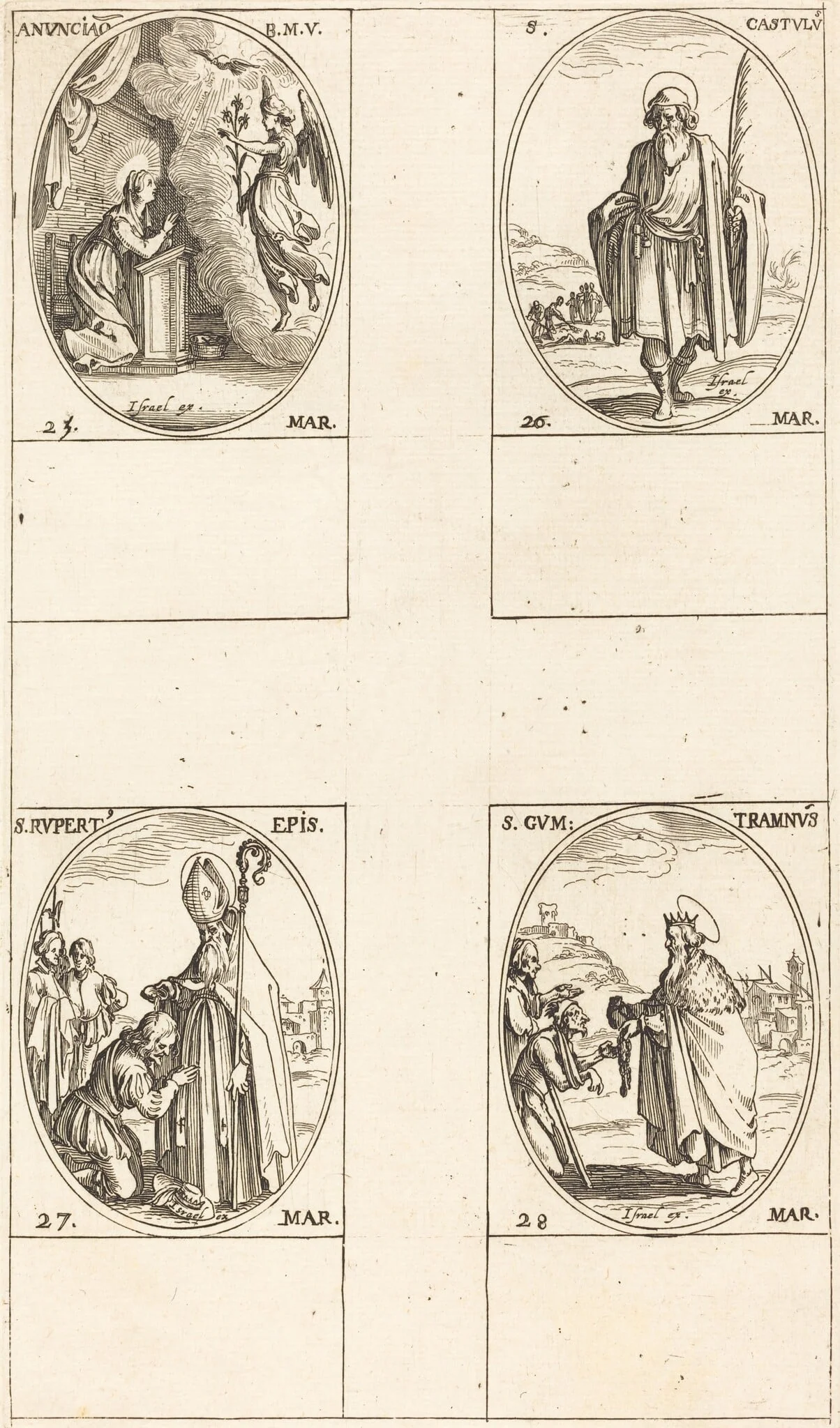 The Annunciation; St. Castulus; St. Rupert; St. Gontran, by Jacques Callot, ink, 1634