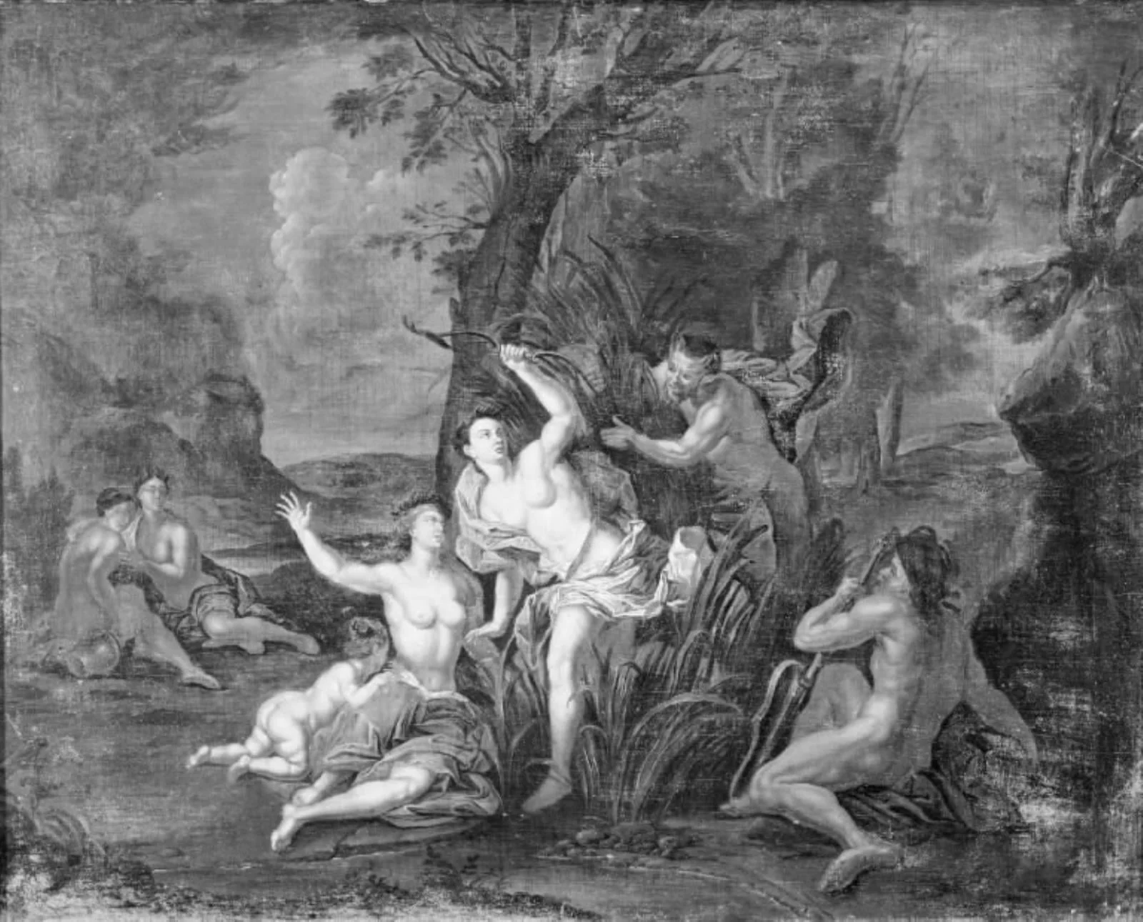 Nogle nymfer overraskes af en satyr. Ved siden sidder en flodgud, by Unknown, 1750