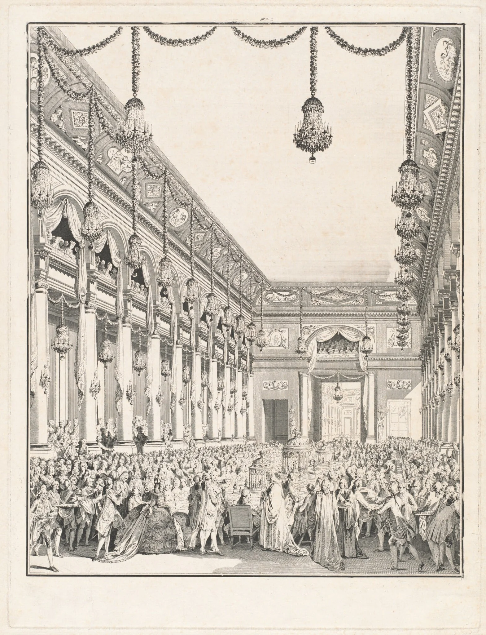 Le festin royal - Fête donnée à l'occasion de la naissance de Monseigneur le Dauphin, 21 janvier 1782, by Jean-Michel the Younger Moreau, ink, 1782