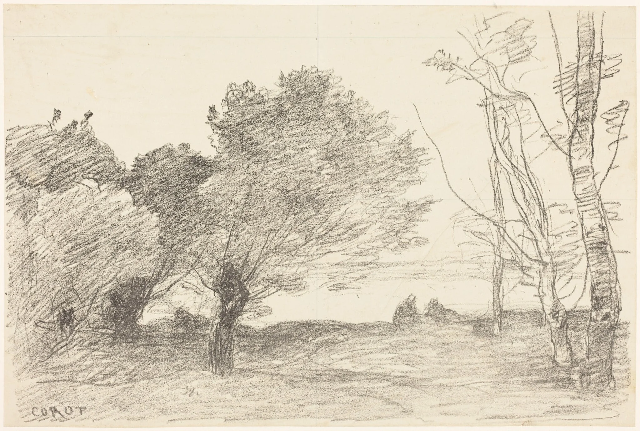 Willows and White Poplars (Saules et peupliers blancs), by Jean Baptiste Camille Corot, ink, 1871