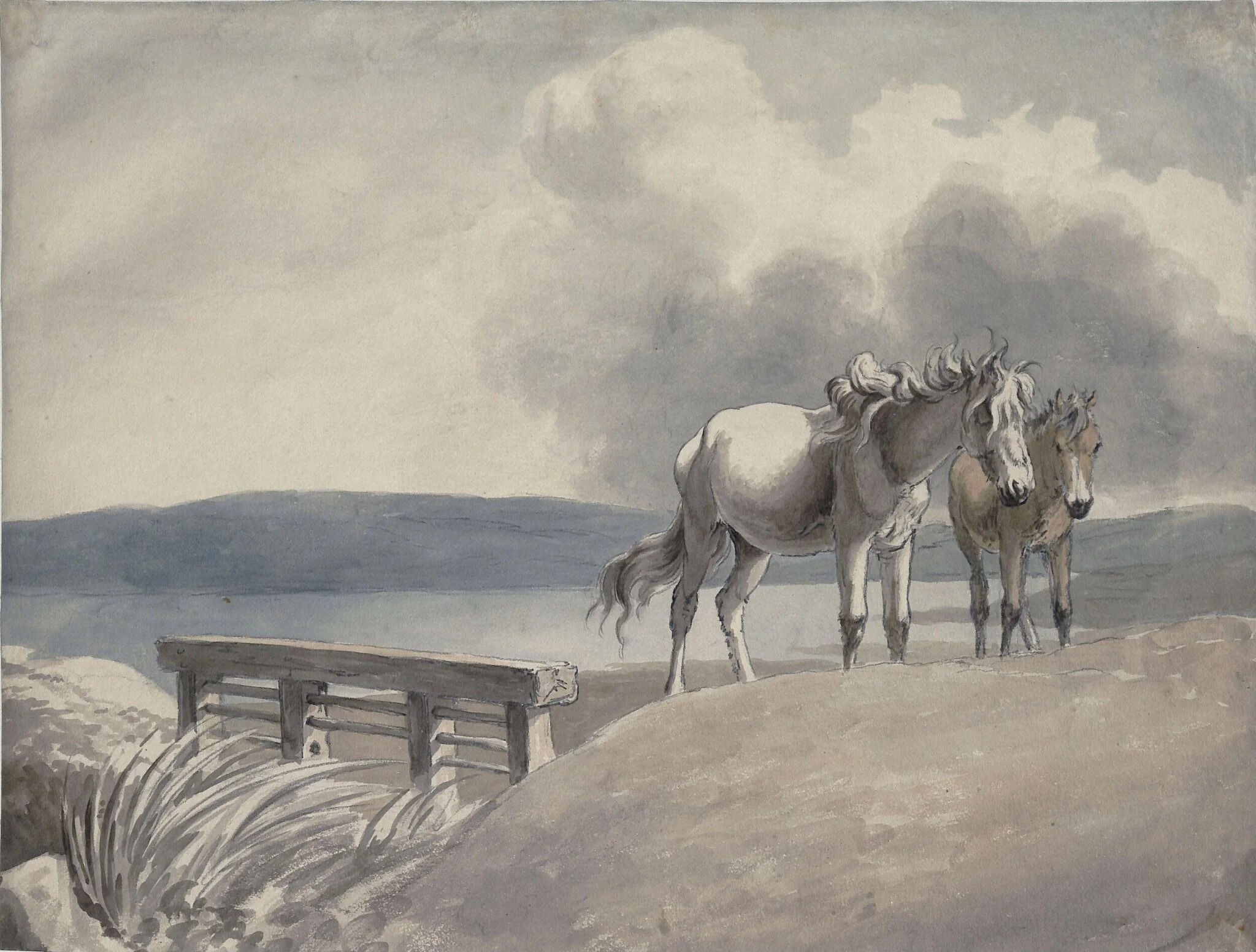 Landscape with two horses, by Robert Hills, watercolor, 1790