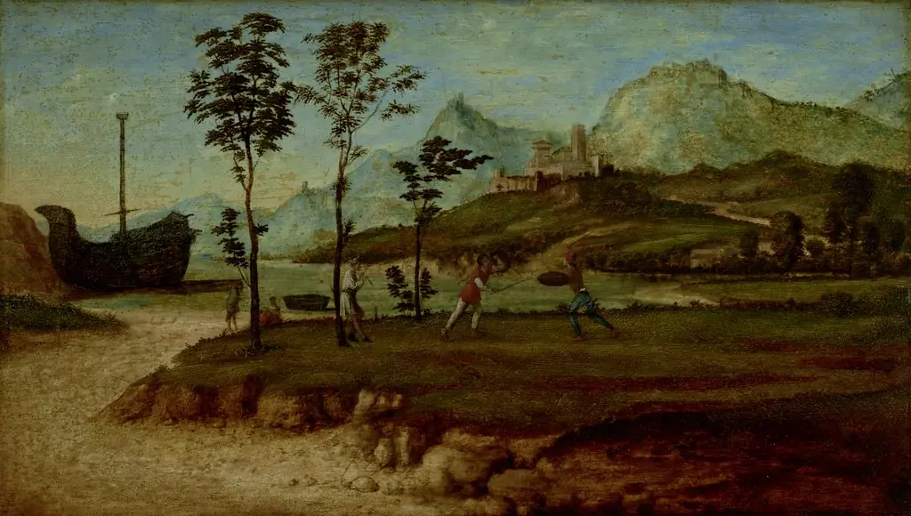 Coastal Landscape with two Men Fighting